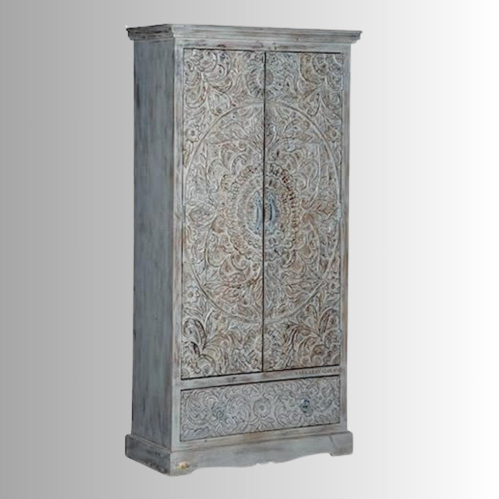 Swift Wooden Carved Storage Almirah with Drawer (Grey)