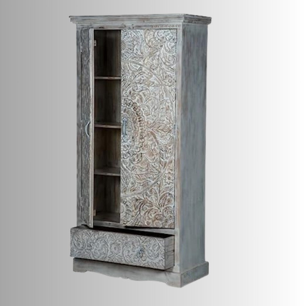 Swift Wooden Carved Storage Almirah with Drawer (Grey)