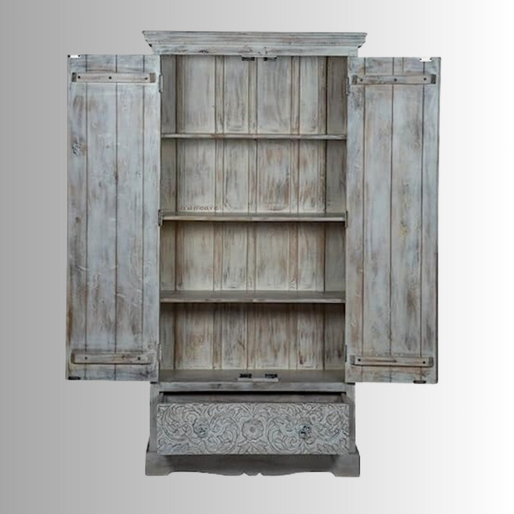 Swift Wooden Carved Storage Almirah with Drawer (Grey)