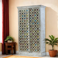 Sahe Wooden Wardrobe in Mosaic Pattern (White Distress)