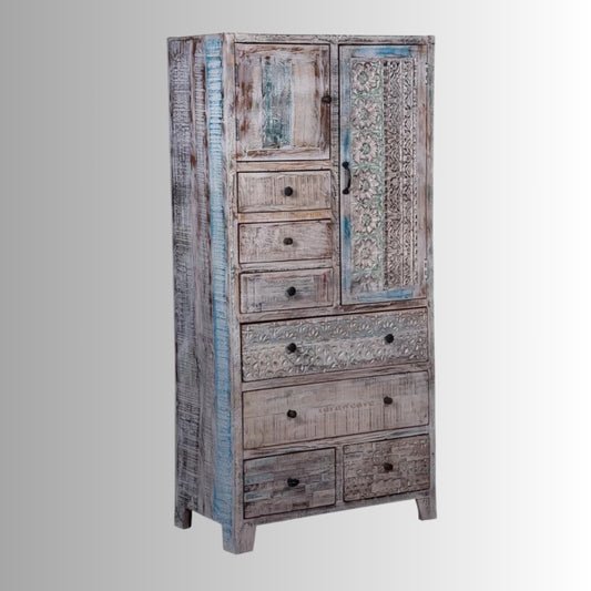 Henke Wooden Carved Wardrobe in Rustic Look