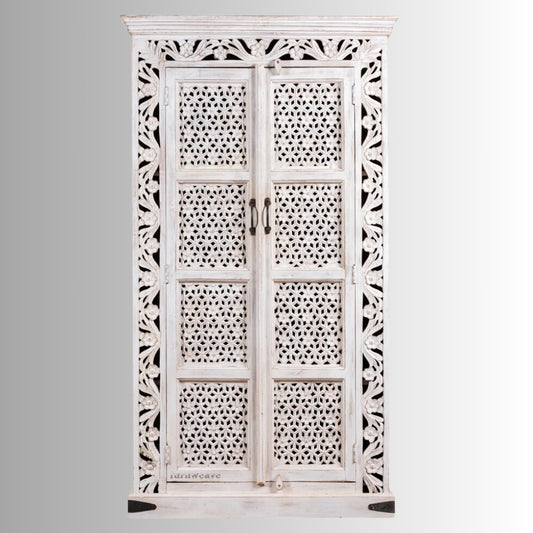 Bartha Wooden Carved Storage Wardrobe (White Distress)