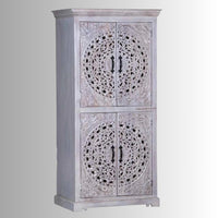 Galken Wooden Carved Wardrobe (Light Grey)