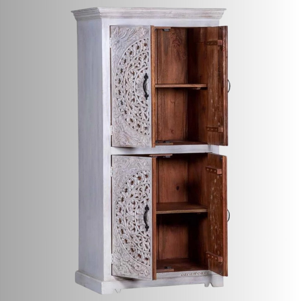 Galken Wooden Carved Wardrobe (Light Grey)