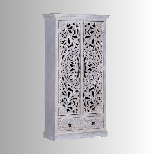 Ining Wooden Carved Wooden Wardrobe Almirah (White Distress)