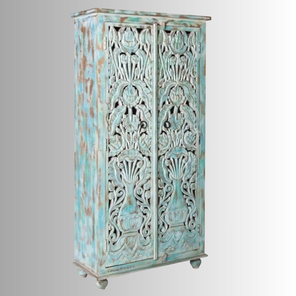 Samia Wooden Carved Storage Wardrobe Almirah (Light Blue Distress)