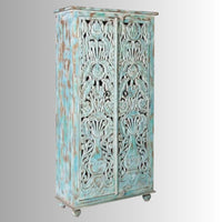 Samia Wooden Carved Storage Wardrobe Almirah (Light Blue Distress)