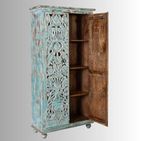 Samia Wooden Carved Storage Wardrobe Almirah (Light Blue Distress)