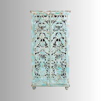 Samia Wooden Carved Storage Wardrobe Almirah (Light Blue Distress)