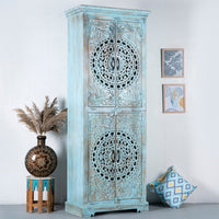 Galken Wooden Carved Wardrobe (Blue Distress)