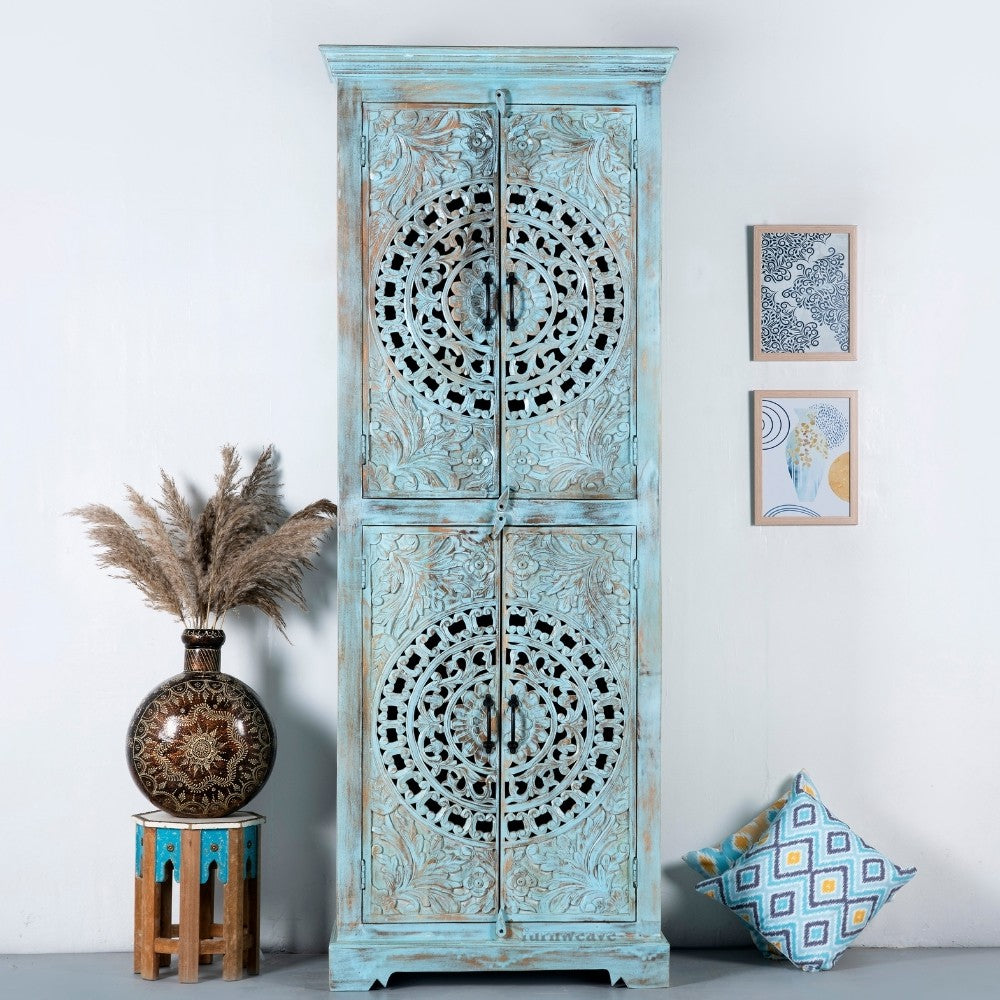 Galken Wooden Carved Wardrobe (Blue Distress)