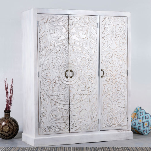 Khame Wooden Carved Storage Three Door Wardrobe