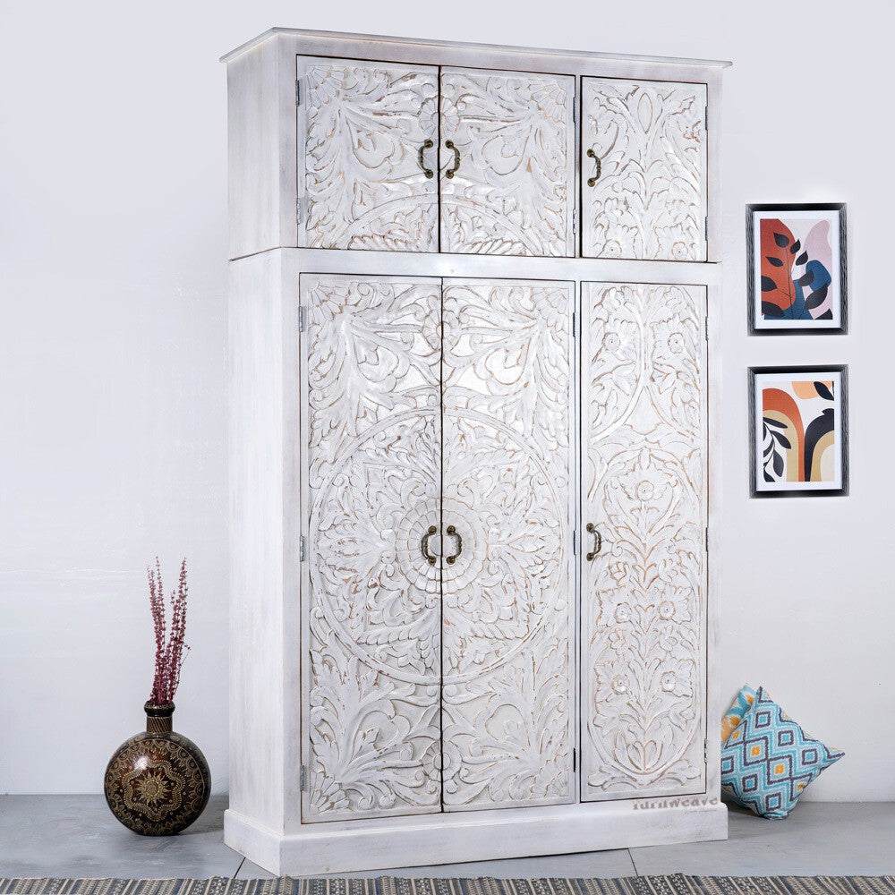 Khame Wooden Carved Storage Three Door Wardrobe with Maliya