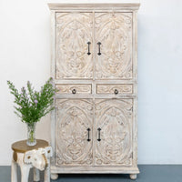 Meuble Wooden Carved Storage Wardrobe Almirah (Off White Distress)