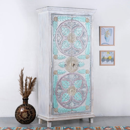 Fise Wooden Carved Distress Wardrobe Almirah (White Distress)