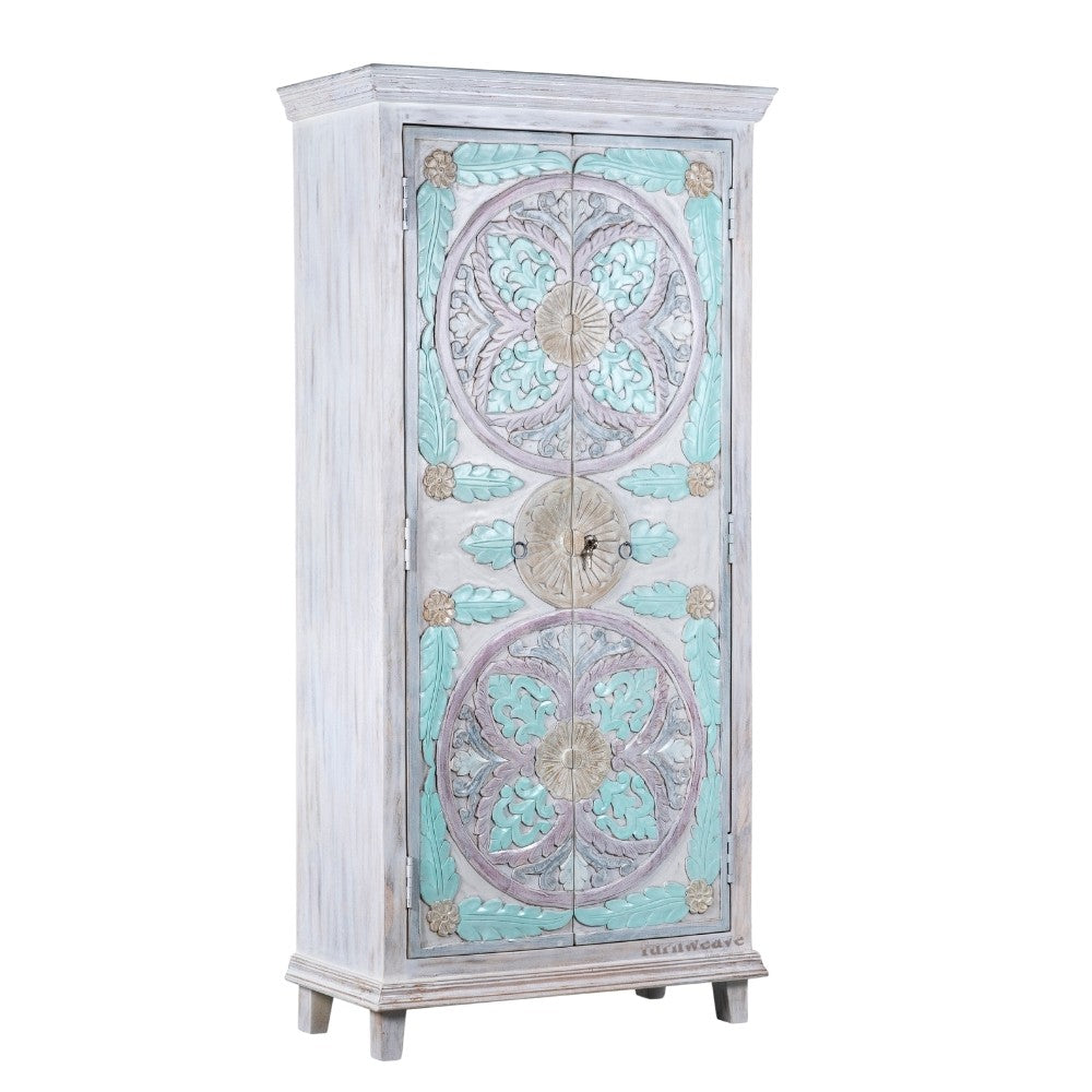 Fise Wooden Carved Distress Wardrobe Almirah (White Distress)