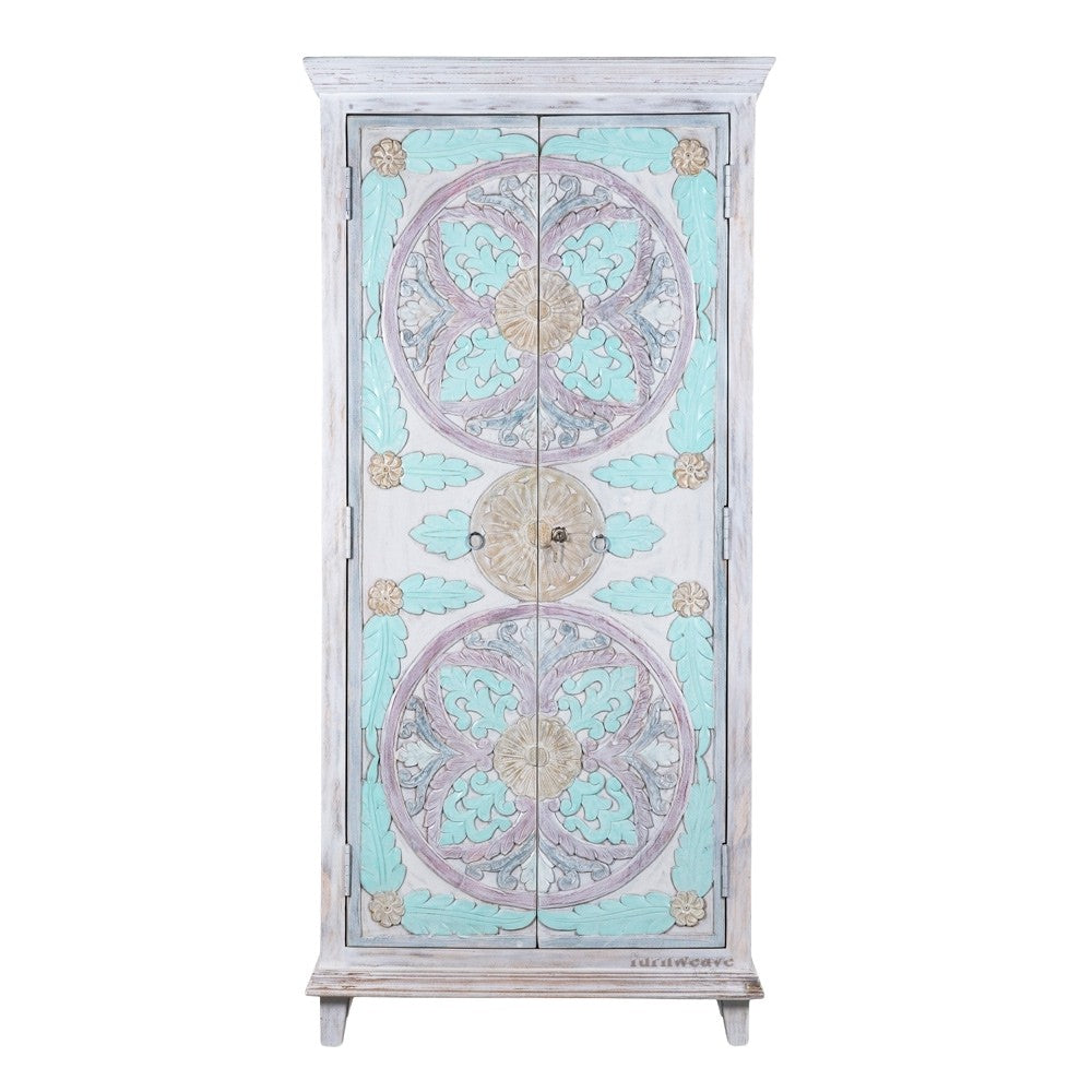 Fise Wooden Carved Distress Wardrobe Almirah (White Distress)