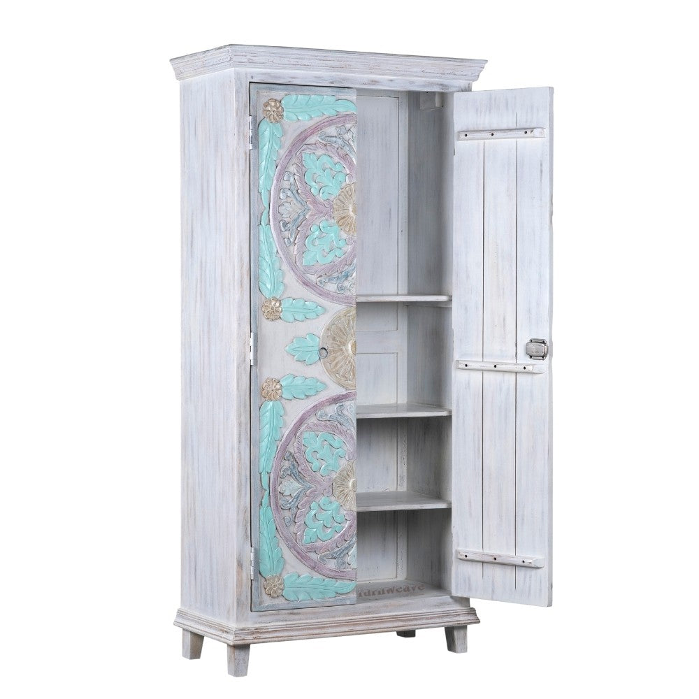 Fise Wooden Carved Distress Wardrobe Almirah (White Distress)