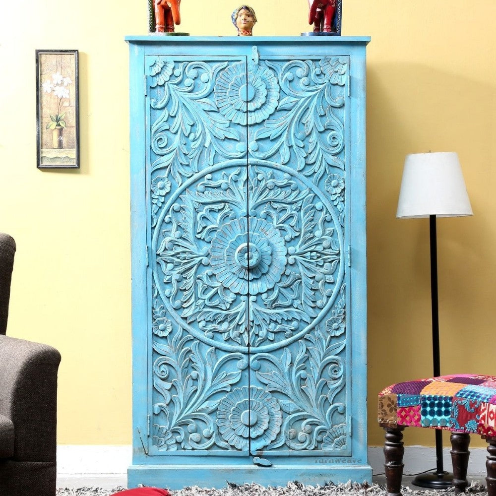 Jodhpur Wooden Carved Almirah for Storage (Blue Distress)