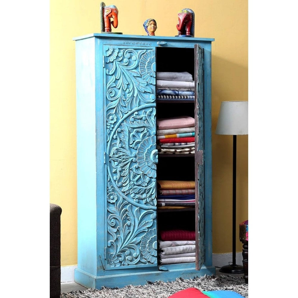 Jodhpur Wooden Carved Almirah for Storage (Blue Distress)