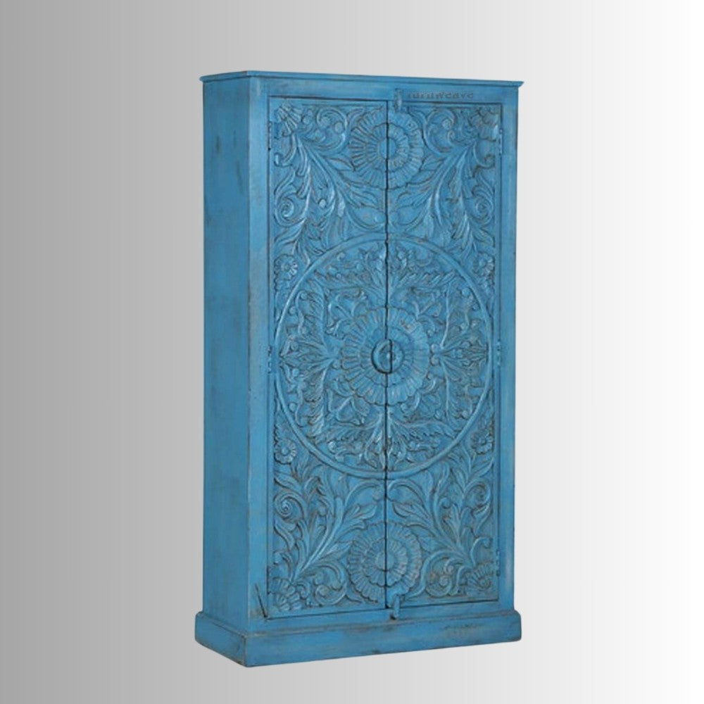 Jodhpur Wooden Carved Almirah for Storage (Blue Distress)