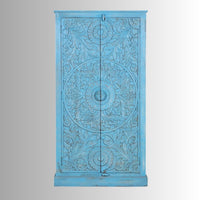 Jodhpur Wooden Carved Almirah for Storage (Blue Distress)