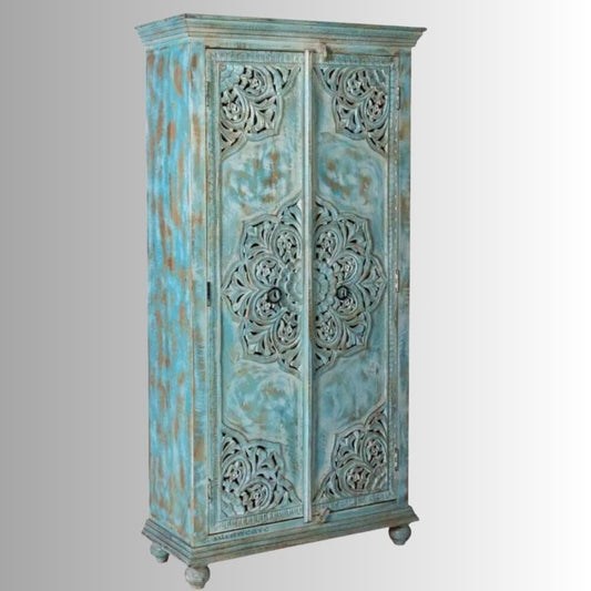 Karila Wooden Carved Storage Wardrobe Almirah (Light Blue Distress)