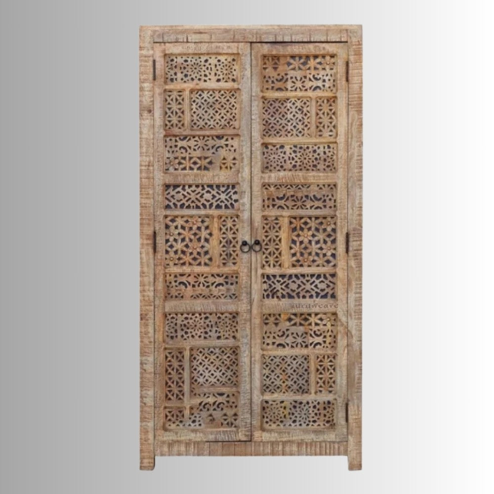 Sabre Wooden Carved Storage Wardrobe Almirah for Storage (Natural Antique)