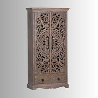 Ining Wooden Carved Wooden Wardrobe Almirah (Brown)