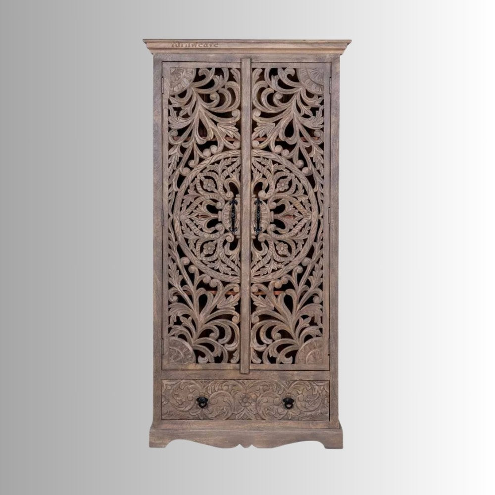 Ining Wooden Carved Wooden Wardrobe Almirah (Brown)