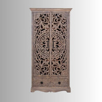 Ining Wooden Carved Wooden Wardrobe Almirah (Brown)