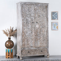 Rakhte Wooden Carved Distress Wardrobe (Grey Distress)