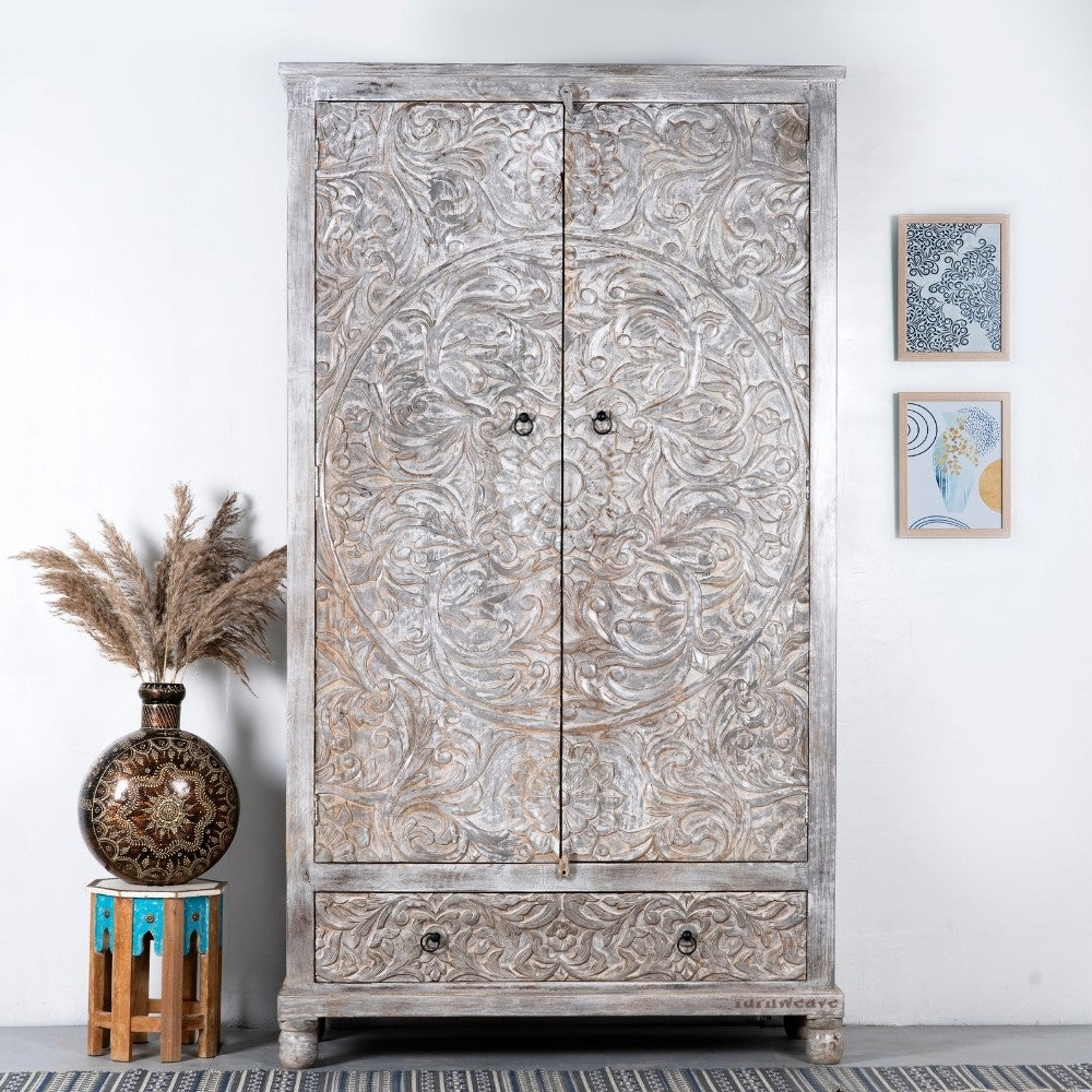 Rakhte Wooden Carved Distress Wardrobe (Grey Distress)