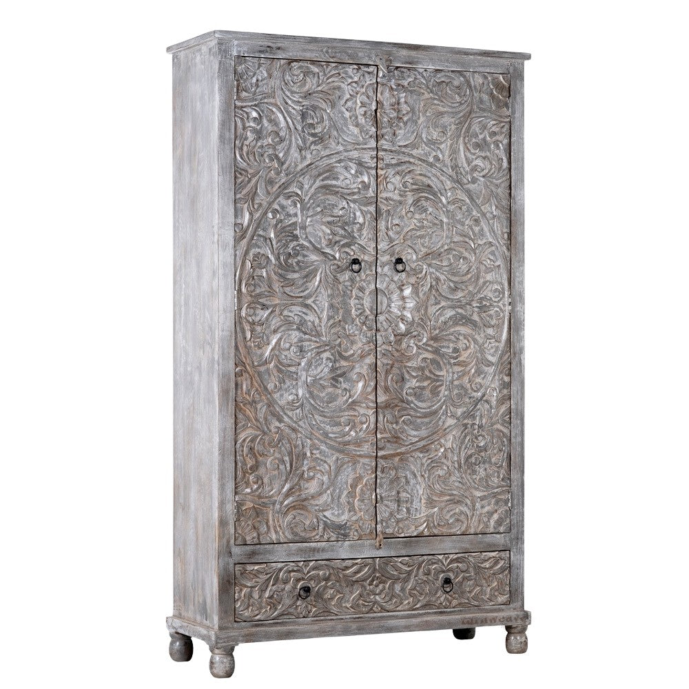 Rakhte Wooden Carved Distress Wardrobe (Grey Distress)