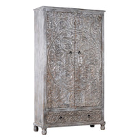 Rakhte Wooden Carved Distress Wardrobe (Grey Distress)