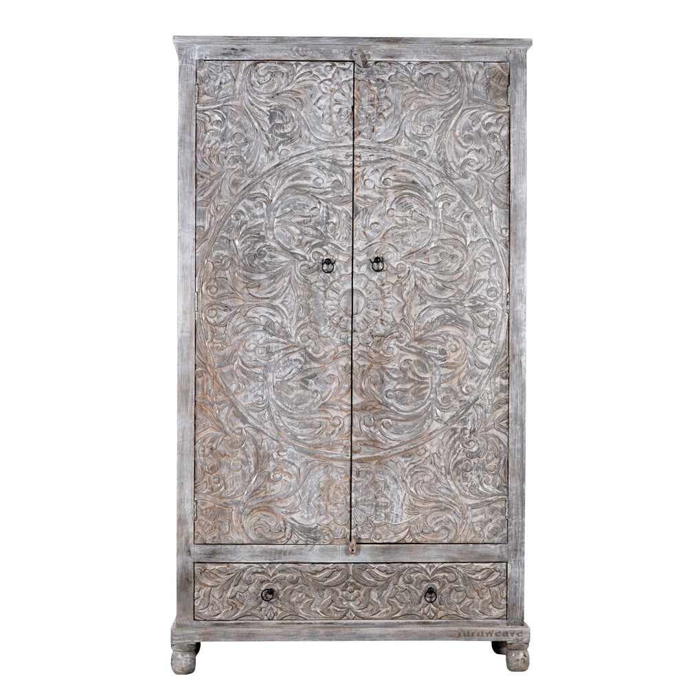 Rakhte Wooden Carved Distress Wardrobe (Grey Distress)