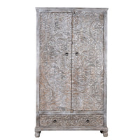 Rakhte Wooden Carved Distress Wardrobe (Grey Distress)