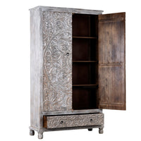 Rakhte Wooden Carved Distress Wardrobe (Grey Distress)