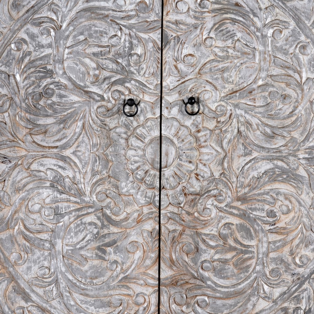 Rakhte Wooden Carved Distress Wardrobe (Grey Distress)