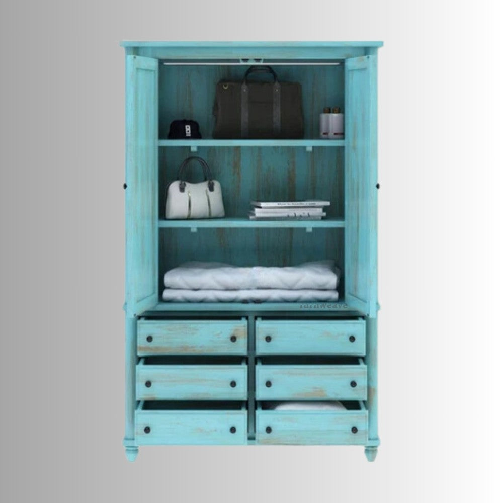 Akia Wooden Distress Wardrobe for Storage (Blue Distress)