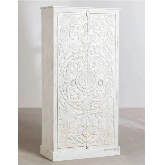 Alea Wooden Carved Wardrobe Almirah (White Distress)