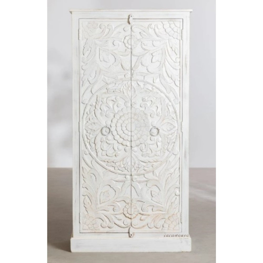 Alea Wooden Carved Wardrobe Almirah (White Distress)