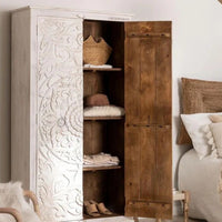 Alea Wooden Carved Wardrobe Almirah (White Distress)