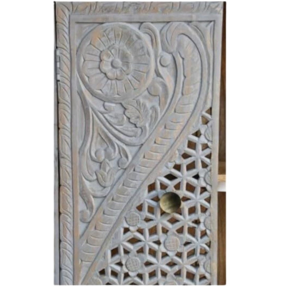 Purna Wooden Carved Storage Wardrobe Almirah Antique (Grey)