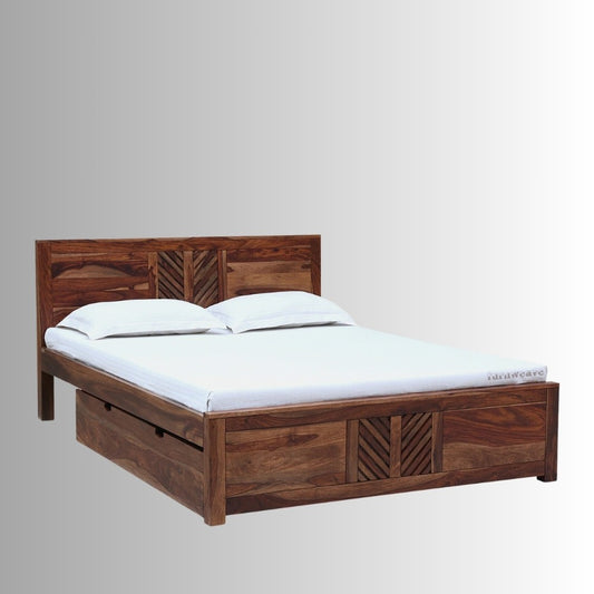 Divia Wooden Storage Bed With Drawers (Teak) | Wooden Bedside Tables | Furnweave