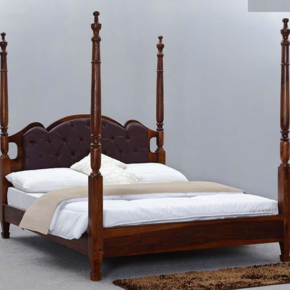 Emiko Wooden Poster Upholstered Bed | Four poster bed online for bedroom | Furnweave