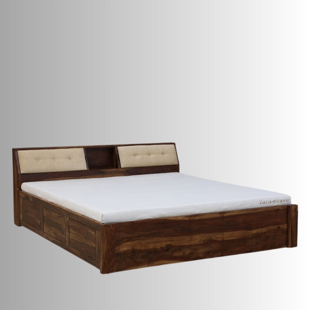 Ditar Solid Wood Essential Bed With Storage (Walnut) | Wooden Bedside Tables | Furnweave