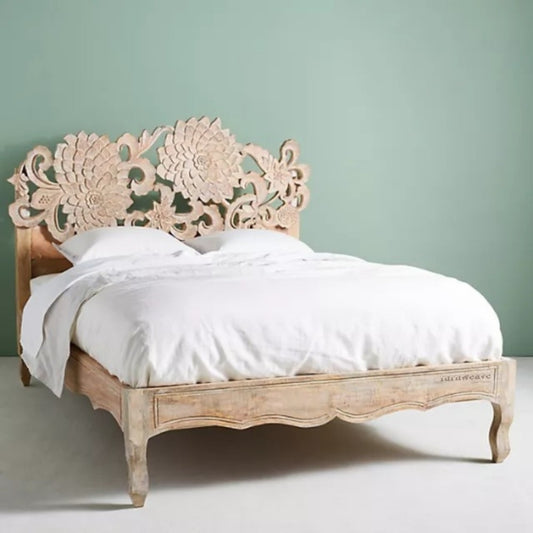 Lotus Wooden Carved Bed without storage (Natural White Combination) | Wooden Bedside Tables | Furnweave