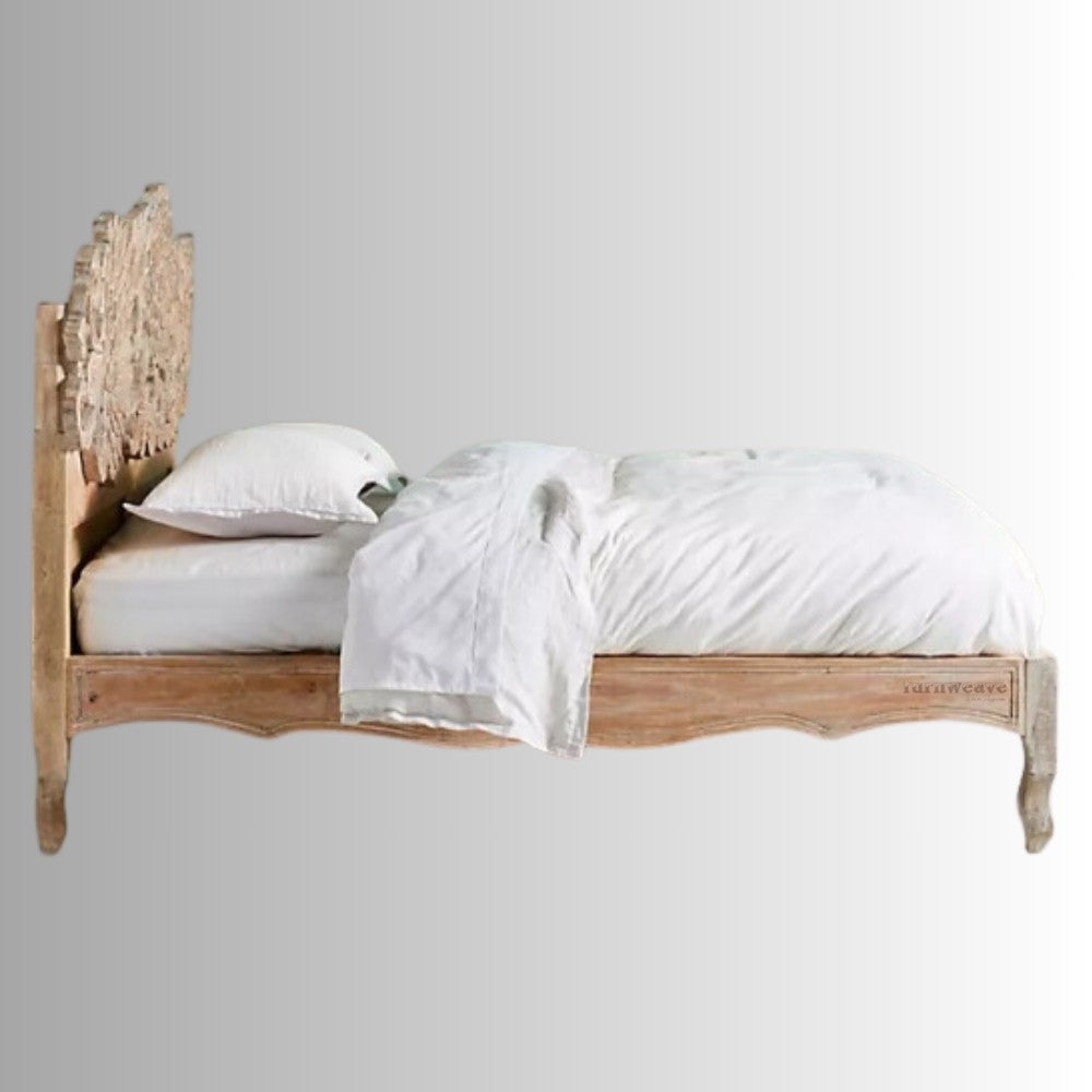 Lotus Wooden Carved Bed without storage (Natural White Combination)