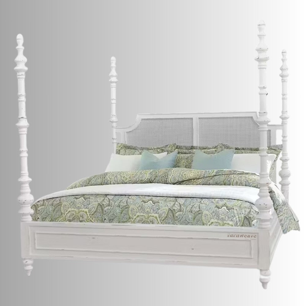 Utsav Rattan Poster Traditional Bed (White Distress) | buy comfortable poster bed online | Furnweave